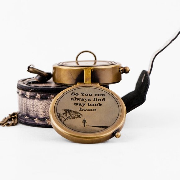 Vintage Brass Compass 2" Engraved "Find Your Way Back Home w/ Leather Cover - Picture 13 of 16